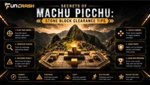 Secrets of Machu Picchu gameplay showing stone block clearance, cascading reels, expanding reels, and Lucky Llama bonus feature.