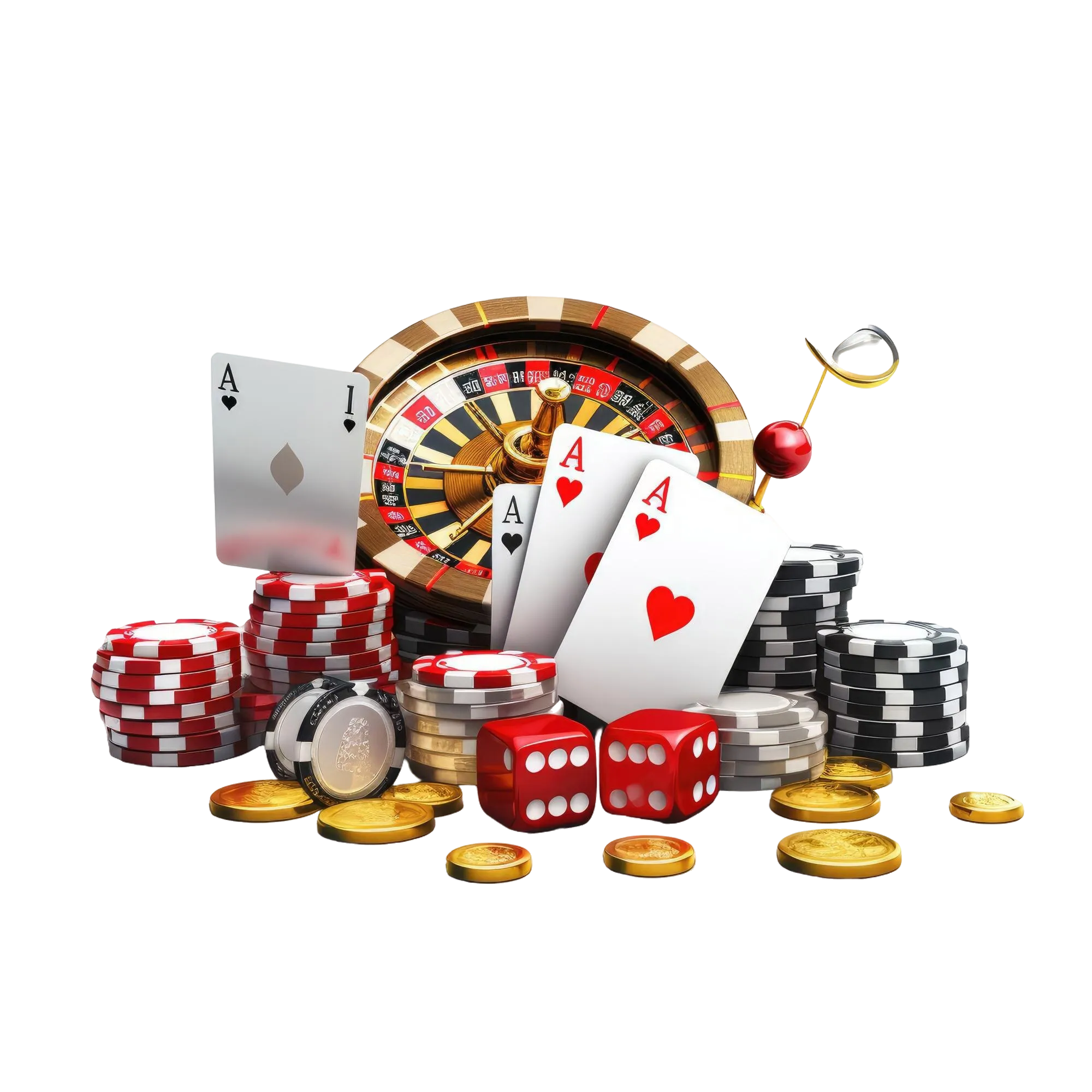3D graphic illustration with stacked chips red dice and golden coins